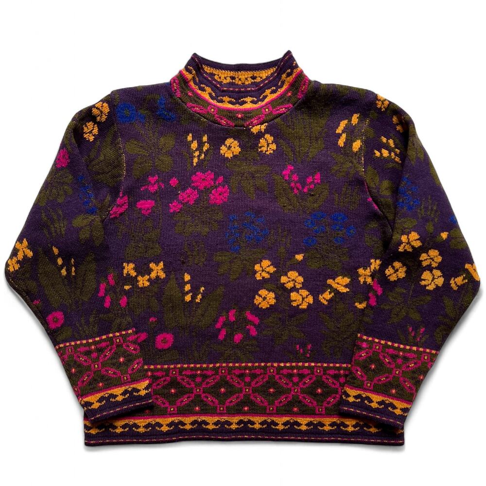 Vintage 80s Floral Pattern Mock Neck Purple Yellow Green Knit Sweater Geometric - Picture 4 of 11